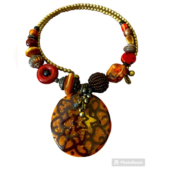 “Treska” vintage Boho Style Memory Wire Coil Necklace, enamel, stones,wood beads - Picture 1 of 8